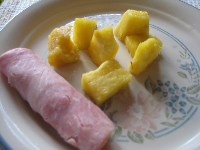 Lunchmeat with homemade mayonnaise inside, pineapple