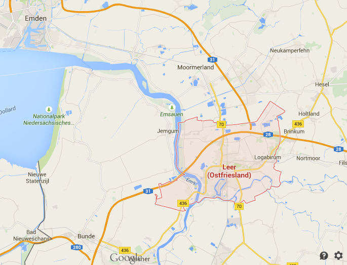 The red portion, Leer, is where we stayed, and SW of that you can see Bunde.