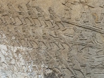 This is a picture of Assyrian captives doing forced labor. The middle group of people--the ones with the caps on their heads--are Israelites from the Northern tribe.